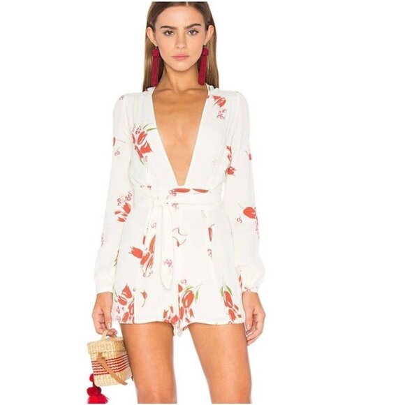 Privacy Please White Floral Print Long Sleeve Deep V-Neck Romper - Small - Picture 1 of 3